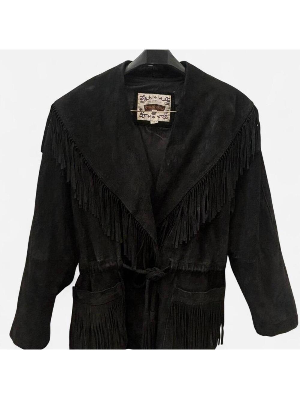 Otello Pelle Black Genuine Leather Fringe Jacket with Tassel Belt